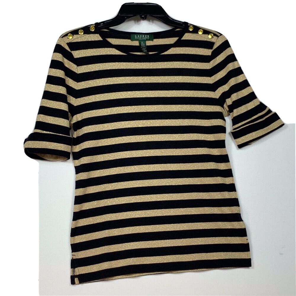 Lauren Ralph Lauren Petite Large Gold Sparkle Black Stripes Roll Quarter Sleeve